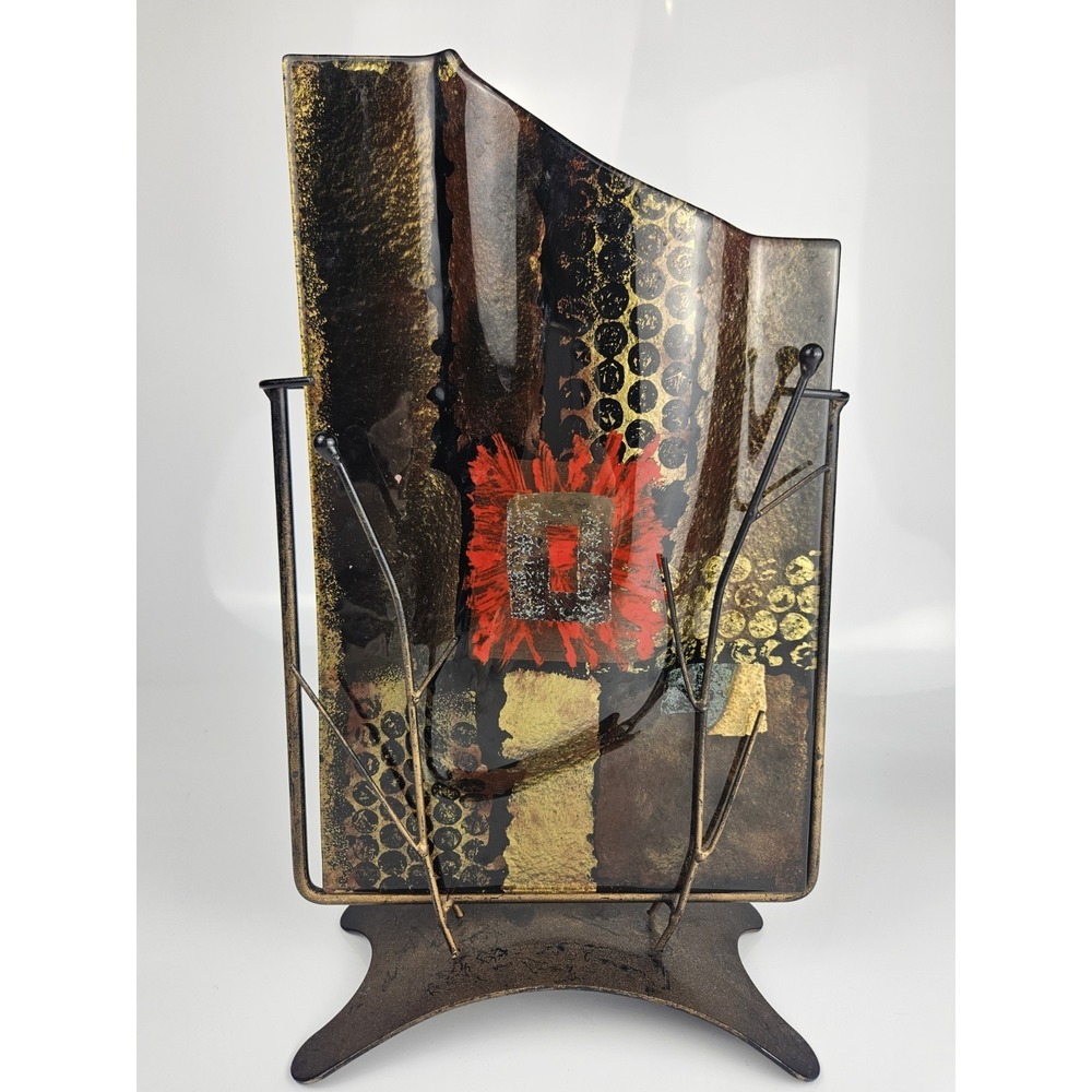 Benjamin Chang Fused Art Glass Abstract‎ Slant Pocket Vase On Metal Stand